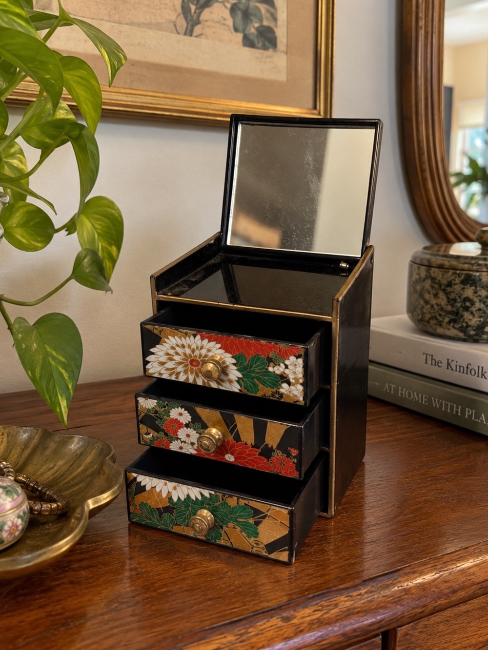 Vintage Japanese Lacquer Jewelry Box Floral Drawer Mirror Vanity Trinket Black